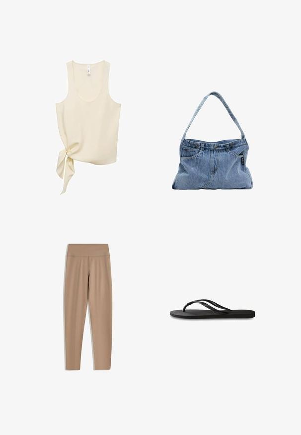 Cream-colored tank top made of smooth fabric, featuring a scoop neckline and a side tie detail for an asymmetric design.; Tan leggings with a high waistband, made from smooth, stretchy fabric. Features a streamlined fit and no visible hardware or patterns.; Black flip-flop featuring a textured rubber sole, two slender straps, and a subtle, embossed logo detail on the strap.; Denim shoulder bag with a curved strap, two front pockets, and a buttoned top, featuring light blue fabric and contrasting stitching details.
