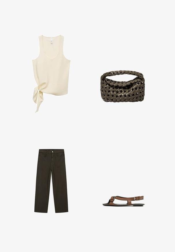 Krémový top bez rukávů vyrobený z hladké látky, s výstřihem do véčka a bočním zavazováním pro asymetrický design.; Tmavě zelené široké džínsy vyrobené z bavlněné směsi, s předním zapínáním na knoflík, pěti kapsami a klasickým denimovým stehem.; Hnědá kožená sandál s otevřenou špičkou a bočními výřezy. Obsahuje kotníkový pásek s kovovou sponou a plochou podrážku.; Tkaná kabelka z tmavě olivově zelené kůže, s kulatým horním držadlem a měkkým, texturovaným povrchem v hobo stylu.