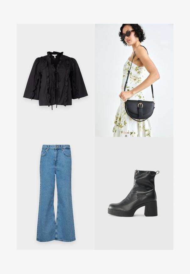 Blusa nera in tessuto con dettagli a volant lungo il davanti e le maniche; presenta una scollatura a V e una chiusura con lacci arricciati.; Jeans svasati di un blu chiaro, realizzati in denim, con vita alta, cinque tasche e chiusura a un bottone. Morbido al tatto con una finitura scolorita.; Stivali neri alla caviglia in pelle liscia, con zip laterale, tacco spesso e texture, e punta arrotondata.; Borsa a tracolla nera in pelle con una forma curva, manico rimovibile e accessori dorati. La borsa presenta una patta con un dettaglio a fibbia.