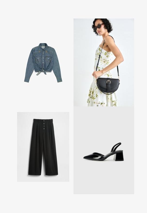 Camicia in denim cropped con maniche lunghe, di colore azzurro chiaro, con bottoni frontali, colletto, due tasche sul petto e dettaglio ancorato sul davanti. Etichetta Wrangler visibile.; Pantaloni neri a gamba larga realizzati in un tessuto strutturato. Presentano una vita alta, una chiusura frontale a cinque bottoni e pince stirate per un tocco di dettaglio in più.; Décolleté in vernice nera con punta affusolata e tacco in geometria cubica. Presentano un design elegante e minimalista, con una texture liscia.; Borsa a tracolla nera in pelle con una forma curva, manico rimovibile e accessori dorati. La borsa presenta una patta con un dettaglio a fibbia.