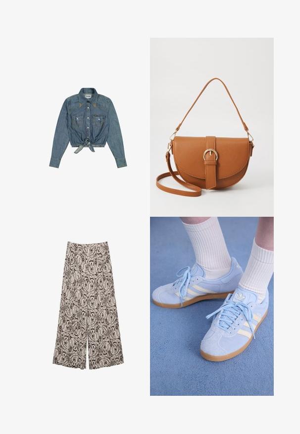 Chemise en denim coupée avec manches longues, couleur bleu clair, devant à boutons, col, deux poches poitrine et détail noué à l'avant. Étiquette Wrangler visible.; Pantalons larges en motif paisley marron et crème, avec une texture lisse et une taille haute. Convient pour une tenue décontractée.; Baskets en daim bleu clair avec des rayures blanches, lacets plats et semelle en caoutchouc gomme. Des chaussettes blanches côtelées sont portées au-dessus de la cheville.; Sac bandoulière en cuir marron avec une forme incurvée, quincaillerie dorée et un accent en boucle. Comprend une bandoulière détachable.