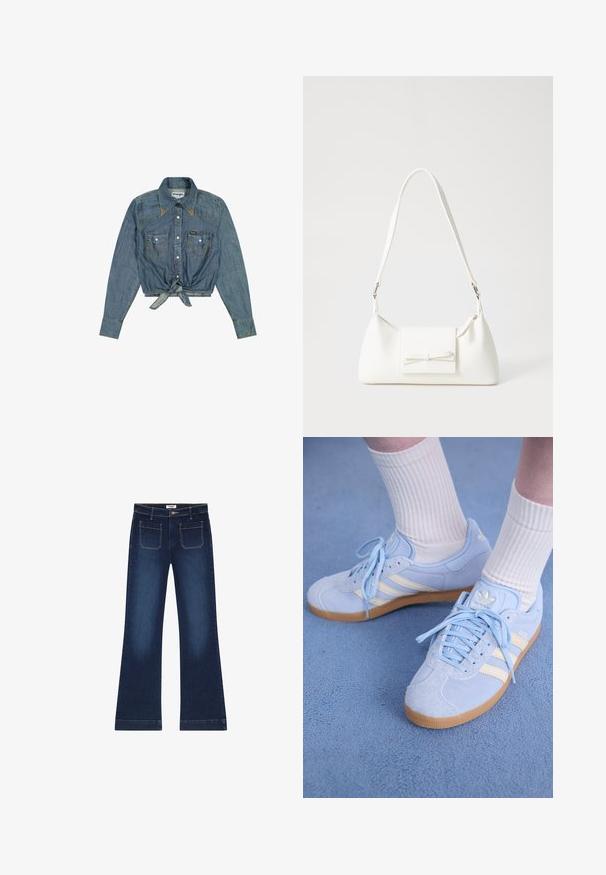 Camisa de mezclilla recortada con mangas largas, color azul claro, con botones en la parte delantera, cuello, dos bolsillos en el pecho y detalle de nudo en la parte delantera. Etiqueta de Wrangler visible.; Jeans acampanados de color azul oscuro hechos de denim. Cuentan con cinco bolsillos, una cremallera en la bragueta y detalles de costura dorada en las costuras. Apertura de pierna ancha.; Zapatillas de ante azul claro con rayas blancas, cordones planos y suela de goma. Se llevan calcetines blancos acanalados por encima del tobillo.; Bolso sintético blanco con forma triangular, tapa frontal plana y detalle de lazo, correa ajustable, textura suave y diseño minimalista.
