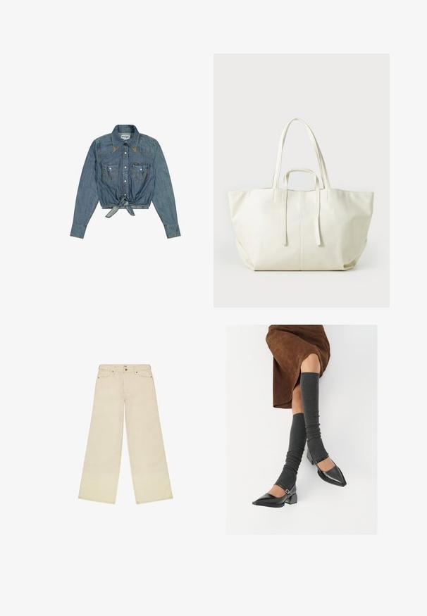 Gekürzte Jeansbluse mit langen Ärmeln, hellblauer Farbe, Druckknopfverschluss, Kragen, zwei Brusttaschen und einem geknoteten Frontdetail. Wrangler-Label sichtbar.; Hellbeige weite Jeans aus Baumwolle. Mit einem klassischen Fünf-Taschen-Design, Kupferknopf und Nahtakzenten entlang der Nähte.; Schwarze lacklederne spitze Schuhe mit Blockabsatz und Knöchelriemen, kombiniert mit grauen gerippten Beinstulpen und einem braunen Wildlederrock.; Große, weiße Tragetasche aus strukturiertem synthetischen Material, mit zwei langen Tragegriffen, offener Oberseite und minimalistischer Gestaltung.