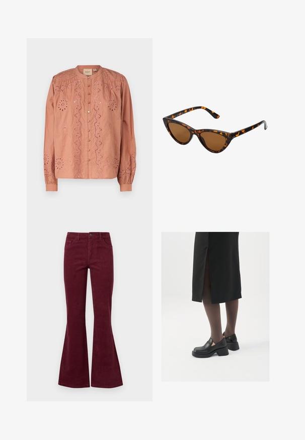 Rožinė bliuskutė su sudėtingu gėlių raštu siuvinėjimu, mygtukų priekyje ir surinktomis rankovėmis. Pagaminta iš lengvo audinio.; Burgundiškos aksominės platėjančios džinsai su penkiomis kišenėmis, priekiniais mygtukais ir tekstūruota medžiaga. Platėjimas prasideda nuo kelio iki apvado.; Juodos odinės bateliai su apvaliu nosiu, stora blokine pakulne ir elastingais šonais, derinami su tamsiomis pėdkelnėmis ir juoda sijonu su plyšiu.; Katės akies saulės akiniai su juodu ir oranžiniu šarvuotu rėmeliu, ruda objektyvu ir elegantiškais, smailiais galiukais. Rėmelyje yra minimalus logotipas ant šventės.