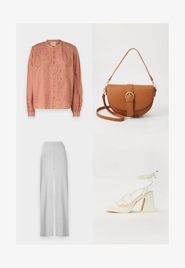 Blusa color rosa con ricami intricati a motivo floreale, abbottonatura frontale e maniche arricciate. Realizzata in tessuto leggero.; Pantaloni larghi a coste grigi chiari con una vita alta e uno spacco frontale. Realizzati in un tessuto morbido con una superficie liscia.; Sandalo bianco con tacco alto, caratterizzato da un design a cinturini e un legaccio alla caviglia. Texture liscia con una piattaforma frontale per un'altezza aggiuntiva.; Borsa a tracolla in pelle marrone con forma curvata, hardware dorato e un dettaglio con fibbia. Presenta una tracolla rimovibile.