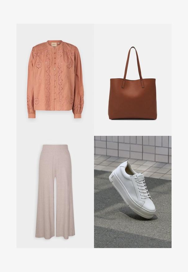 Rose-colored blouse featuring intricate embroidery with floral designs, a button front, and gathered sleeves. Made from lightweight fabric.; Light grey wide-leg trousers made of soft, ribbed fabric, featuring a high waistband and full-length legs with subtle texture.; White leather sneaker with a low-top design, flat laces, rounded toe, and textured sides. Thick rubber sole with subtle accents.; Brown leather tote bag with a smooth texture, open top design, and two shoulder straps. Features minimal stitching and no visible hardware.