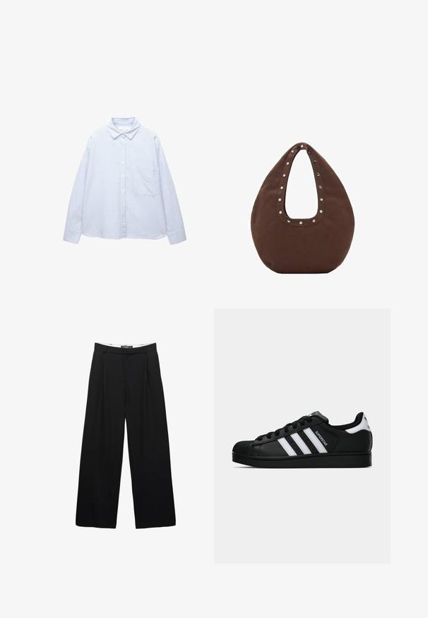 Light blue and white vertical striped long-sleeve button-up shirt with collar and chest pocket.; White cotton tank top with wide shoulder straps, a round neckline, and a smooth, ribbed texture. No patterns or accents present.; Wide-leg black trousers made from smooth fabric. Features front pleats, a waistband with belt loops, and a tailored silhouette.; Black Adidas Superstar sneaker with white stripes, shell toe, and "Superstar" text on side, shown in side profile on white background.; Brown tote bag with a curved shape, featuring a large cutout handle adorned with silver studs along the edge. Made of soft fabric.