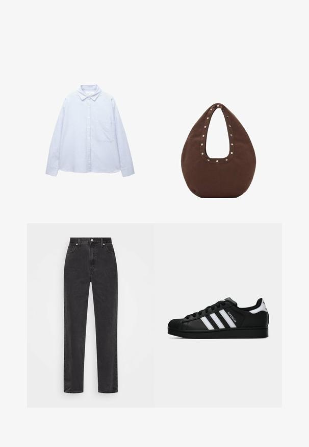 Hellblau-weißer, vertikal gestreifter, langärmeliger Button-up-Hemd mit Kragen und Brusttasche.; Weißes Baumwoll-Tanktop mit breiten Schulterträgern, einem runden Halsausschnitt und einer glatten, gerippten Textur. Keine Muster oder Akzente vorhanden.; Schwarze Denim-Jeans mit geradem Bein, hoher Taille, vorderem Knopf und Reißverschluss sowie fünf Taschen auf weißem Hintergrund.; Schwarzer Adidas Superstar Sneaker mit weißen Streifen, Schalenzehen und "Superstar"-Schriftzug an der Seite, im Seitenprofil auf weißem Hintergrund dargestellt.; Braune Tragetasche mit geschwungenem Design, versehen mit einem großen Ausschnittgriff, der entlang der Kante mit silbernen Nieten verziert ist. Aus weichem Stoff gefertigt.