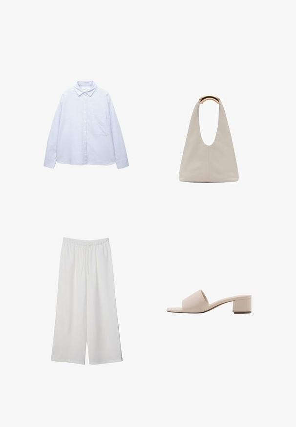 Lyseblå og hvid lodret stribet langærmet skjorte med krave og brystlomme.; Hvide vidde bukser lavet af letvægtsstof, med en elastisk talje og snøre for justerbar pasform. Glat tekstur.; Beige blokhælede sandal med en bred rem og åben tå. Glat materiale og strømlinet design. Kort, solid hæl for stabilitet.; Lysegrå lædertaske med et U-formet design og et buet metallisk håndtag. Glat tekstur med minimal syning og ingen synlige mønstre.