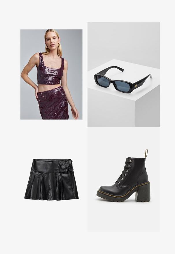 Top corto in paillettes bordeaux con scollo quadrato e gonna coordinata, caratterizzati da una superficie liscia e scintillante in entrambi i capi.; Gonna in pelle nera con pieghe, cintura ampia e due dettagli con fibbia ai lati. Texture liscia con una finitura lucida.; Stivaletto in pelle nera con tacco alto chunky, lacci frontali, occhielli in metallo e cuciture gialle lungo la suola. Suola in gomma testurizzata.; Occhiali da sole neri rettangolari con lenti blu oscurate, montatura spessa e un accento circolare dorato di lato. Finitura elegante e lucida.; Borsa borgogna realizzata in materiale sintetico con un design strutturato, dotata di tracolla removibile e un foulard a motivi floreali legato al manico.