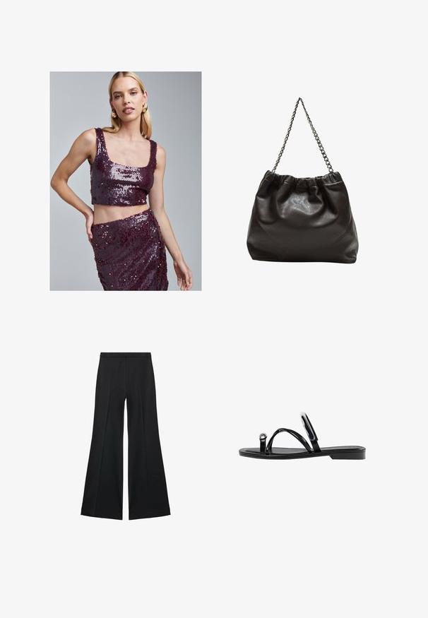 Burgundski crop top z sequinci in kvadratnim izrezom ter ujemajoča krila, ki imata gladko teksturo in svetlečo površino na obeh kosih.; Črne široke hlače z gladko teksturo, ki imajo sprednje nabore in kroj po meri. Tkanina je lahka in zračna.; Črne ravne sandale s sijajno končno obdelavo, tremi tankimi trakovi in okroglo kovinsko podrobnostjo na prstih. Elegantna zasnova z minimalnim peto.; Rjava usnjena torba z nabranim vrhom in verižnim trakom. Gladka tekstura z sijajno površino in subtilnimi šivi na straneh.