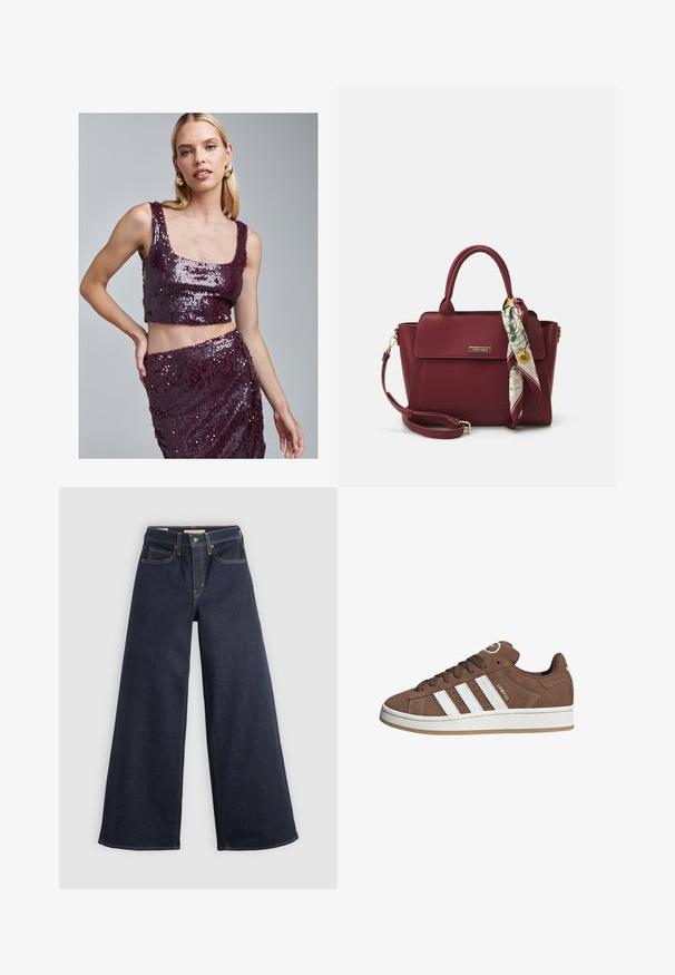 Burgundská flitrová crop top s štvorcovým výstrihom a zodpovedajúcou sukňou, ktoré sa vyznačujú hladkou textúrou a trblietavým povrchom na oboch kusoch.; Džíny s širokými nohavicami v tmavomodrej farbe s kontrastným šitím. Obsahujú tradičný dizajn s piatimi vreckami a zapínanie na gombík v páse.; Hnedé semišové tenisky s bielymi koženými pruhmi, gumovou podrážkou, okrúhlou špičkou a šnurovaním. Obsahujú logo na jazyku a perforované akcenty.; Bordová kabelka vyrobená z umelého materiálu so štruktúrovaným dizajnom, s odnímateľným popruhom a kvetinovou šatkou zviazanou na držadle.