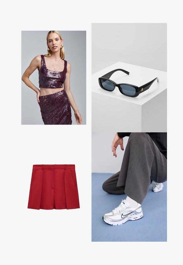 Burgundská flitrová crop top s štvorcovým výstrihom a zodpovedajúcou sukňou, ktoré sa vyznačujú hladkou textúrou a trblietavým povrchom na oboch kusoch.; Červené priliehavé šortky vyrobené z ľahkého materiálu, s plochým predkom, dvoma bočnými vreckami a čistým vzhľadom s záhybmi.; Biele a strieborné športové topánky s jemnou sieťovinou a syntetickými materiálmi, so čiernymi akcentmi, šnúrkami a textúrovanými podrážkami.; Čierne obdĺžnikové slnečné okuliare s tónovanými modrými šošovkami, robustným rámom a zlatým kruhovým akcentom po boku. Elegantný, lesklý povrch.
