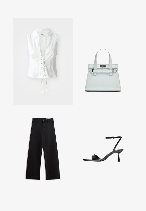 Camicia senza maniche in lino bianco con scollo a V profondo e punta con lacci. Presenta un colletto, cuciture laterali e un dettaglio con fiocco nella parte inferiore.; Pantaloni in denim neri a gamba larga con vita alta, dotati di tasche anteriori e posteriori, cuciture a punto, e chiusura con bottone. Texture liscia.; Bershka Sandali con tacco - black; Borsa a mano azzurro chiaro con design strutturato, due manici e chiusura in metallo tono argento. Materiale testurizzato e angoli acuti.