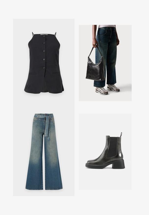 Černý top bez rukávů se střihovým designem, který má vpředu šest knoflíků, dvě boční kapsy a rozparek na zadní straně. Hladká textura látky.; Džínové kalhoty širokého střihu s přechodem od světlé k tmavě modré, vysokým pasem, poutky na opasek a odpovídajícím opaskem ze stejného materiálu. Texturovaná džínovina.; Černé kožené kotníkové boty s hladkým povrchem, elastickými bočními panely a masivním podpatkem. Obsahují poutko pro snadnější nazouvání.; Černá kožená kabelka přes rameno se hladkým povrchem a nastavitelným popruhem, spárovaná s vybledlými džínami širokého střihu a sportovními teniskami.