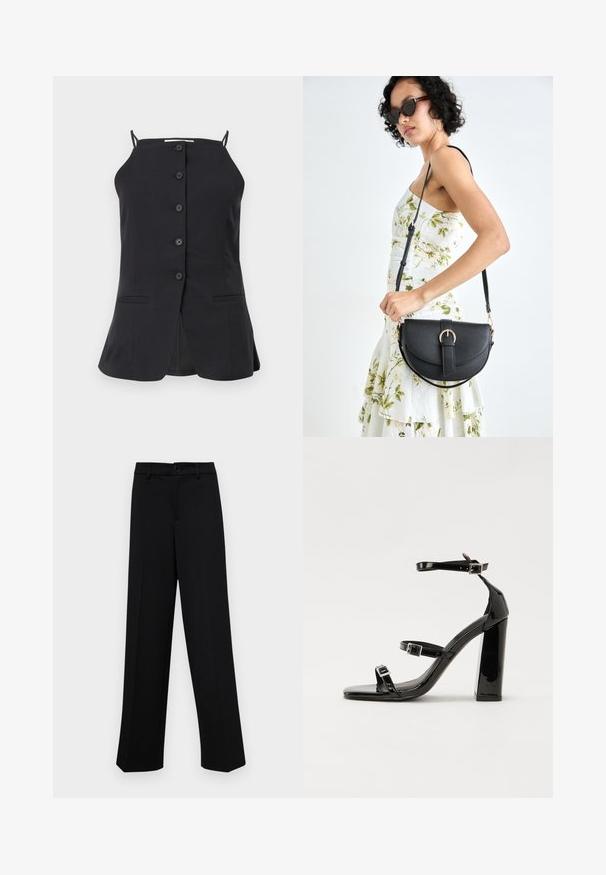 Fekete ujj nélküli felső, egyenes szabással, hat elülső gombbal, két oldalzsebbel és hátsó hasítékkal. Simas szövet állag.; Fekete, széles szárú nadrág sima anyagból, klasszikus derékrésszel, gombzárral és elülső redőkkel.; Fekete lakk magas sarkú szandál négyzet alakú orral, bokapántokkal és ezüst csatokat tartalmaz. Masszív blokk sarka a stabilitásért felel.; Fekete bőrtáska ívelt formával, levehető pánttal és arany színű fémrészekkel. A táskán egy csattal díszített fedél található.