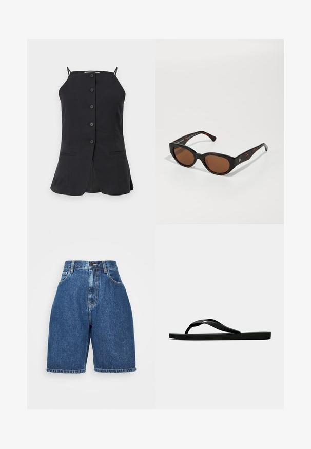 Top sem mangas preto com corte reto, apresentando seis botões frontais, dois bolsos laterais e uma fenda nas costas. Textura de tecido suave.; Calções de ganga de cintura alta, na cor azul escuro. Apresenta um estilo clássico de cinco bolsos, corte reto e bainha dobrada. Material em algodão.; Chinelo de borracha preta com uma tira texturada e sola plana simples, mostrado de lado num fundo claro.; Óculos de sol de tartaruga preta com lentes castanhas, design angular e pernas largas com um detalhe discreto do logótipo. Textura de plástico suave.