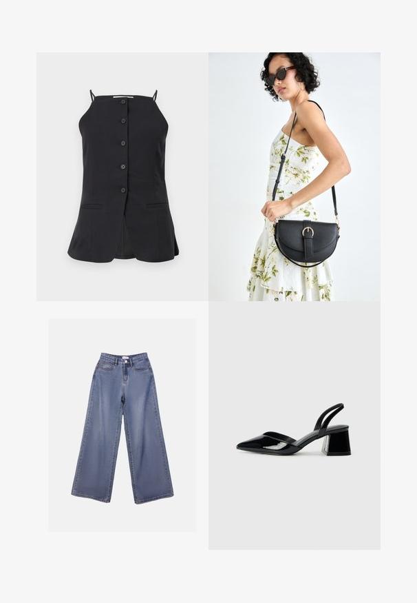 Top senza maniche nero con taglio dritto, caratterizzato da sei bottoni frontali, due tasche laterali e una spaccatura sul retro. Tessuto dalla consistenza liscia.; Jeans in denim a gamba ampia di un blu chiaro, caratterizzati da una vita alta, tasche frontali e una chiusura con bottone e passanti per cintura.; Décolleté in vernice nera con punta affusolata e tacco in geometria cubica. Presentano un design elegante e minimalista, con una texture liscia.; Borsa a tracolla nera in pelle con una forma curva, manico rimovibile e accessori dorati. La borsa presenta una patta con un dettaglio a fibbia.