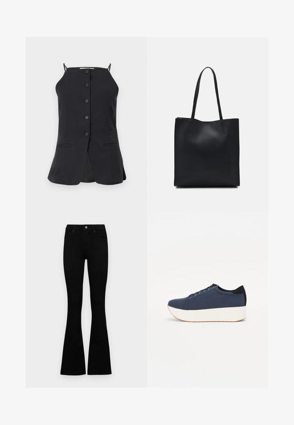 Black sleeveless top with a straight cut, featuring six front buttons, two side pockets, and a split at the back. Smooth fabric texture.; Black high-waist jeans with a button and zip closure, front pockets, and flared legs laid flat on a white background.; Navy blue sneaker with a textured fabric upper, white platform sole, rounded toe, and black heel accent. Features six eyelets for laces.; Black leather tote bag with smooth texture, rectangular shape, and two long handles. No visible hardware or embellishments.
