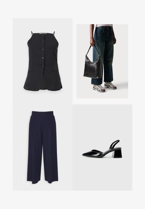 Melnā bez piedurknēm augšdaļa ar taisnu griezumu, kurai ir seši pogu rindas priekšpusē, divas sānu kabatas un šķiršanās aizmugurē. Gluda auduma tekstūra.; Platas kājas bikses tumši zilā audumā ar svītrainu tekstūru. Aprīkotas ar gludu jostasvietu un plūstošu siluetu, sasniedzot vidus teļus.; Melna lakota āda ar atvērto papēdi, ar smailu purngalu un ģeometrisku blokpapēdi. Iezīmējas elegants, minimāls dizains un gluda tekstūra.; Melna ādas pleca soma ar gludu tekstūru un regulējamu siksnu, saskaņota ar izbalējušām platām biksēm un sportiskām kedām.