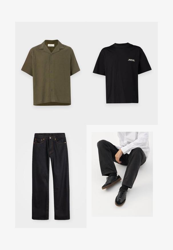 Kurzes Ärmel, kragenloses Hemd aus dunkelolivgrünem Stoff. Verfügt über fünf Knöpfe auf der Vorderseite und einem geraden Saum. Hergestellt aus einem Leinenmix.; Schwarzes Baumwoll-T-Shirt mit kurzen Ärmeln, Rundhalsausschnitt und Druck auf der linken Brustseite in weißem und goldenem Text, mit einem entspannten Schnitt.; Herren gerade geschnittene schwarze Jeans aus Denim mit fünf Taschen und orangefarbenen Nähten, Knopf- und Reißverschluss vorne am Bund.; Schwarze Sneakers mit einer glatten und strukturierten Oberfläche, ausgestattet mit einer Gummisohle und dunklen Schnürsenkeln. Kombiniert mit schwarzen Jeans und einem gestreiften weißen Hemd.