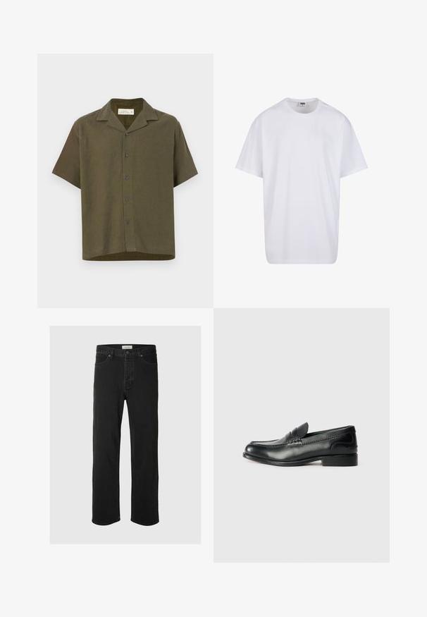 Lühikeste varrukatega kaeluseta särk tumeroheline kangas. Esiosal on viis nuppu ja sirge äär. Valmistatud linase segust.; Valge puuvillane t-särk lühikeste varrukatega, ümmarguse kaelusega, lõdva lõikega ja ilma nähtavate logodeta või mustriteta. Sile tekstuur ja minimaalne disain.; Mustad denim sirged püksid on varustatud klassikalise viie taskuga, nupuga kinnitamisega, minimaalse õmblusega ja pehme tekstuuriga.; Mustad mustad nahast loafers, mis on kaunistatud sileda viimistluse, õmblusdetailide ja veidi kõrgendatud kannaga.