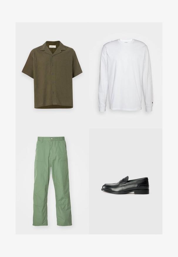 Cămașă cu mânecă scurtă, fără guler, dintr-un material verde măslinat închis. Prezintă cinci nasturi pe față și un tiv drept. Este realizată dintr-un amestec de in.; Tricou alb cu mâneci lungi, din bumbac. Design cu guler rotund, cu manșete ribbate și un logo mic pe mâneca stângă. Textură netedă.; Pantaloni de culoare verde deschis, cu o croială lejeră și o textură fină, dotati cu buzunare laterale și detalii de cusătură vizibile. Lungi până la gleznă, cu un design drept.; Mocasini negri din piele cu un finisaj neted, detalii cusute pe partea de sus și un toc ușor ridicat.