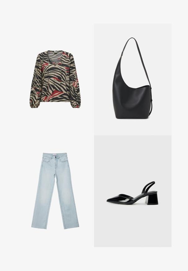 Langærmet, løstsiddende bluse i beige med sorte og røde zebrastriber. Har V-hals og elastiske manchetter for et tekstureret udseende.; Lyseblå brede jeans lavet af denim. Har fem lommer, en knaplukning og falmede detaljer. Klassisk lige pasform med en løs pasform.; Sorte patentlæder slingback hæle med spids tå og en geometrisk blok hæl. Har et elegant, minimalistisk design og en glat tekstur.; Sort læder hobo taske med en glat overflade, buet form og en enkelt justerbar rem; har en bred åbning øverst.