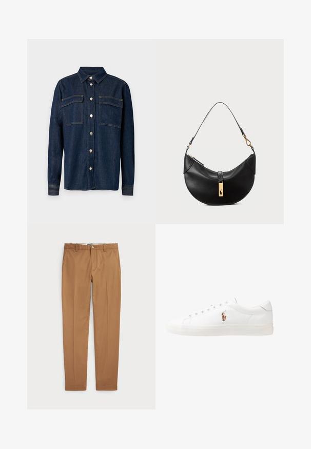 Dark denim shirt with a collared neck, two chest pockets, and metallic buttons. Features contrast stitching and long sleeves with buttoned cuffs.; White long-sleeve shirt, cotton material, round neckline, featuring small navy logo on the left chest. Simple design, regular fit.; Brown cotton trousers with a slim-fit design, flat front, and standard pockets; smooth texture and hemmed cuffs.; White leather sneakers, low-top design, featuring a smooth texture, round toe, laced front, and a small embroidered logo on the side.; Black leather handbag in a half-moon shape. Features a gold hardware accent and a narrow strap. Smooth texture, zipper closure at the top.