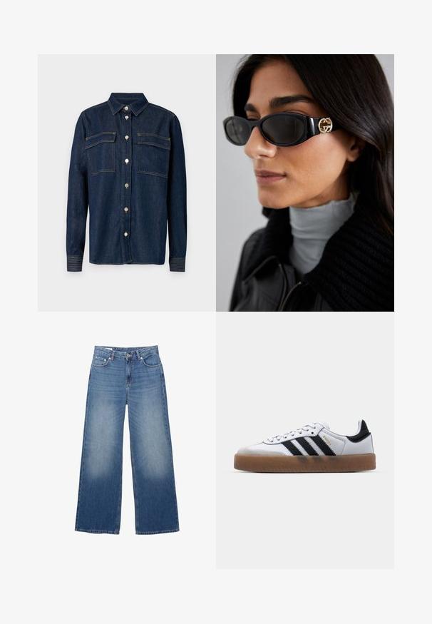 Temno modra srajca iz denima s ovratnikom, dvema žepoma na prsih in kovinskimi gumbi. Ima kontrastno obarvano šivanje in dolge rokave z gumbi na zapestjih.; Široke, svetlo modre kavbojke z bledejšim videzom, petimi žepi in gumbom za zapiranje v pasu. Iz bombažnega materiala, ravna kroja.; Bele usnjene športne copate z črnimi linijami, gumijastim podplatom, okroglo konico, zapiranjem s vezalkami in mehko sivo zamšasto konico.; Črne sončne očala z elegantnim pravokotnim okvirjem in zlatim logotipom na strani. Temna stekla in sijajna površina sta izrazita.; Bela usnjena torbica z zlatimi kovinskimi detajli, z zaponko na preklop in odstranljivim, nastavljivim trakom. V sredini okrogel kovinski okrasek.