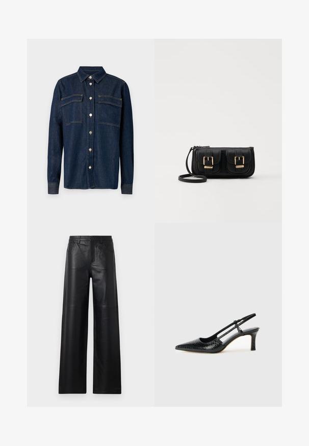 Tume teksashirt kraega, kahe rinna taskuga ja metallnuppudega. Omab kontrastset õmblust ning pikki varrukaid nööpidega mansettidega.; Laiad mustad nahkpüksid siledast tekstuurist, esi-taskute, nööbiga sulgemise ja peente õmblusdetailidega.; Mustmust paelad, millel on terav varvas, tekstuuriga maduprindiga, reguleeritav rihm ja lühike tekstuuriga plokknina.; Must küllastamata nahast õlakott, millel on kaks esist nähtavat taskut, kuldsed pandlad, tõmblukuga sulgemine ja peen rihm. Tekstuuriga pind ja kompaktne ristkülikukujuline kuju.