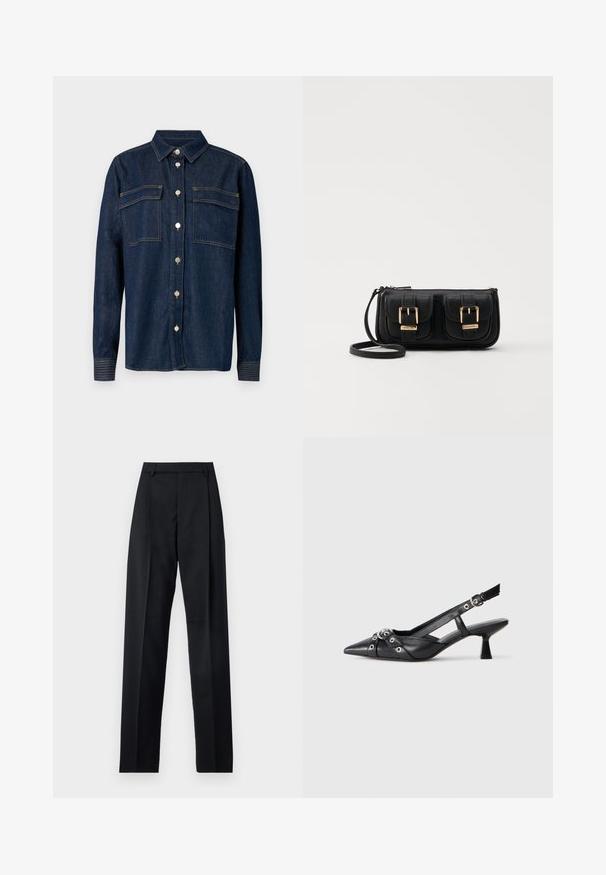Chemise en denim foncé avec col, deux poches sur la poitrine et boutons métalliques. Présente des surpiqûres contrastées et des manches longues avec poignets à bouton.; Pantalon noir en tissu lisse avec taille haute, jambes larges, plis à l'avant et passants de ceinture classiques. Pas de poches latérales visibles.; Chaussure slingback en cuir noir avec un bout pointu, des sangles décoratives avec œillets en métal et un petit talon carré. Surface texturée.; Sac en cuir noir porté en travers avec deux poches avant, boucles dorées, fermeture zippée et une sangle fine. Surface texturée et forme rectangulaire compacte.