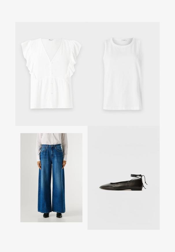Witte blouse met korte mouwen, een V-hals, knoopsluiting, ruches aan de mouwen en geplooide stofdetails bij de taille. Zacht, lichtgewicht materiaal.; Witte mouwloze top gemaakt van zachte katoen. Heeft een ronde halslijn en een rechte snit. Eenvoudig ontwerp zonder zichtbare patronen of accenten.; Blauwe wijde jeans met een hoge taille, gemaakt van denim, met voorzakken en een knoopsluiting. Soepele textuur met een klassieke wassing.; Zwarte leren balletschoenen met een spitse neus, enkelbandje en platte zool, voorzien van een gladde textuur en minimalistisch ontwerp.