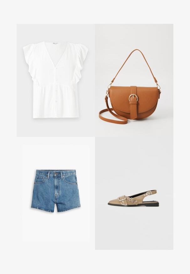 White short-sleeve blouse with a v-neck, button closure, ruffled sleeves, and gathered fabric detail at the waist. Soft, lightweight material.; Denim shorts in light blue, featuring five pockets, a zip fly, and a button closure. The hem is frayed with a relaxed fit design.; Beige patent slingback shoes with a pointed toe, two adjustable buckles, and a low black heel. Smooth texture with a glossy finish.; Brown leather crossbody bag with a curved shape, gold hardware, and a buckle accent. Features a detachable shoulder strap.