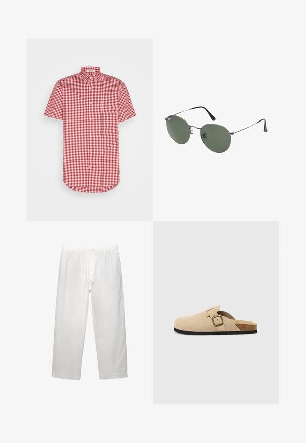 Kurzärmliges Button-up Hemd mit einem rot-weißen Gingham-Muster, Kragen und Brusttasche, aus leichtem Stoff gefertigt.; Weißes Baumwoll-T-Shirt mit kurzen Ärmeln, Rundhalsausschnitt und lässigem Schnitt. Glatte Textur ohne sichtbare Muster oder Akzente.; Weiße Leinenhose mit elastischem Bund und Kordelzug, weitem Bein-Design und sauberen Nähten. Glatte Textur mit lässiger Passform.; Beige Wildleder-Slipper mit einem Korkfußbett, runder Zehenpartie und einem einfachen Riemen mit einer goldfarbigen Schnalle. Gummi-Sohle für besseren Halt.; Metallgestellte Sonnenbrille mit ovalen grünen Gläsern. Dünner silberner Metallrahmen und schwarze Ohrstücke. Minimalistisches Design, keine sichtbaren Logos.