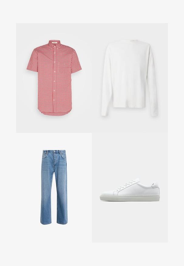 Chemise à manches courtes à boutons avec un motif vichy rouge et blanc, un col et une poche poitrine, fabriquée en tissu léger.; Chemise en coton blanc à manches longues avec un col rond, fentes latérales en bas et une texture lisse, présentée de dos.; Jeans en denim bleu clair avec une coupe droite, cinq poches, fermeture à bouton, peu d'usure et des détails de couture contrastés.; Sneaker blanche avec une tige en cuir lisse et un profil bas. Présente un bout arrondi, six œillets et une semelle en caoutchouc texturé.