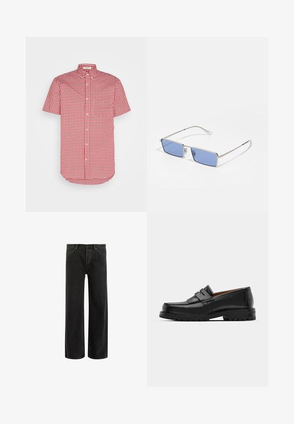 Lyhythihainen nappikauluspaita, jossa on punavalkoinen ruudullinen kuvio, kaulus ja rintatasku, valmistettu kevyestä kankaasta.; Mustat farkut leveällä lahkeella ja korkealla vyötäröllä, joissa on klassinen viisi taskua -design ja hienovarainen haalistuminen tekstuurin luomiseksi.; Mustat nahka loafit sisältävät kohoavan sauman, kaksi koristeellista nauhaa yläosassa ja paksun teksturoidun pohjan parempaa pitoa varten.; Metalliset aurinkolasit suorakulmaisen muotoisina, sinisävyiset linssit ja hopeakehys. Varustettu nenätyynyillä ja ohuilla, suorilla temppeleillä.