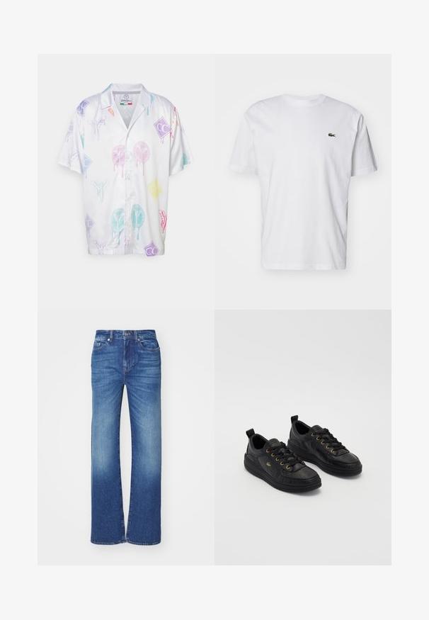 Korte mouwen shirt van lichtgewicht stof, met veelkleurige grafische prints op een witte achtergrond, inclusief logo's en abstracte patronen.; Witte katoenen T-shirt met een ronde hals, korte mouwen en een klein groen geborduurd logo op de borst. Klassiek recht fit ontwerp.; Blauwe denim jeans met een rechte pijpdesign, voorzien van een vervaagd effect, vijf zakken en een knoop- en ritssluiting bij de taille.; Zwarte leren sneakers met gouden ogen en veters, gestructureerd oppervlak, ronde neus en een dikke zwarte zool. Eenvoudig, modern ontwerp met een trekstrip aan de achterkant.