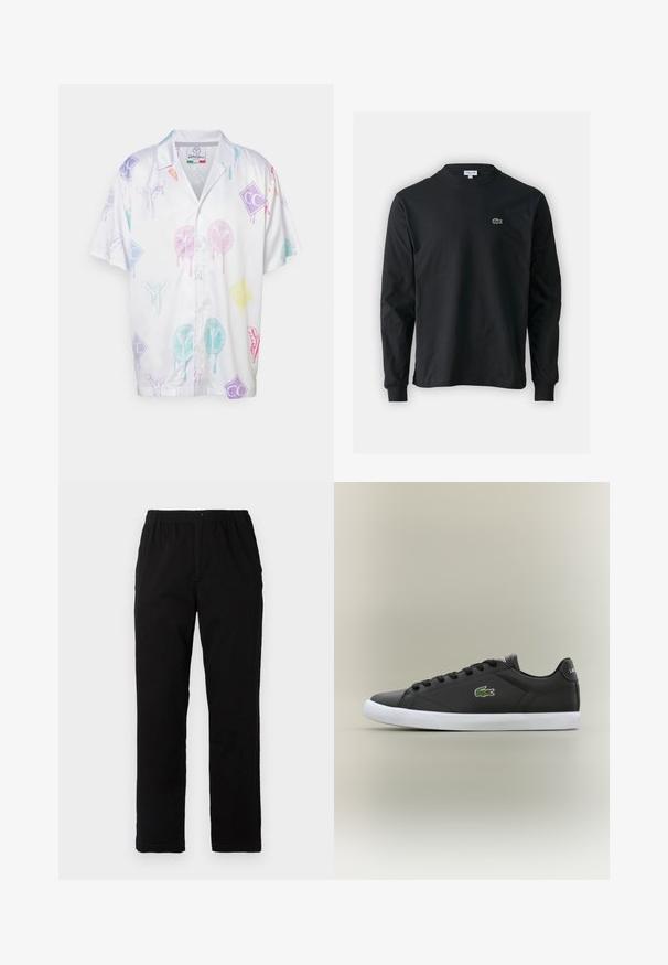 Chemise à manches courtes en tissu léger, présentant des impressions graphiques multicolores sur un fond blanc, incluant des logos et des motifs abstraits.; T-shirt noir à manches longues en coton, avec un col rond et un petit logo de crocodile brodé vert sur la poitrine gauche.; Pantalons noirs en tissu mélangé de coton, avec une coupe droite, une taille élastique avec bouton et sans motifs ni accents visibles.; Baskets en cuir noir avec semelle en caoutchouc blanche, présentant un logo crocodile vert et des lacets ronds, au design élégant avec une texture lisse.