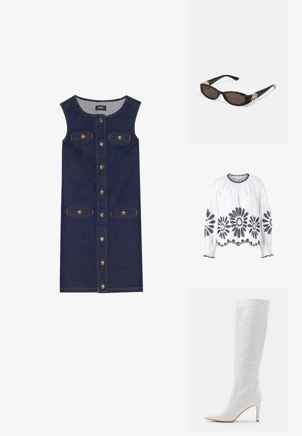 Blusa blanca con bordado floral en azul marino, mangas largas, escote fruncido y puños elásticos. El dobladillo presenta un detallado encaje.; Vestido de mezclilla con diseño sin mangas, color azul oscuro, cierre frontal de botones y dos bolsillos. Detalles en botones dorados y acentos de pespunte.; RAID TRIBUTE - Botas de tacón - white; Gafas de sol carey con lentes ovalados alargados, tintado marrón, acentos de logo dorado en las patillas y brazos negros elegantes.; Bolso de mano beige con un patrón y forma curva, acentos de cuero y un logo tono dorado en la parte frontal. Cuenta con un asa corta para un fácil transporte.; Anillos retorcidos en tono dorado apilados juntos, con un diseño texturizado y bordes suaves y curvos, creando una apariencia orgánica y fluida.