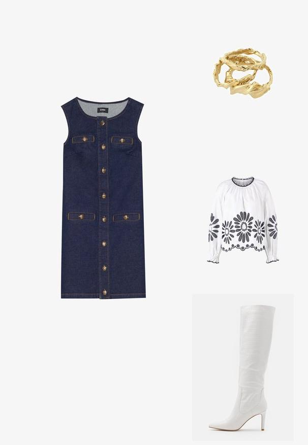Biała bluzka z granatowym kwiatowym haftem, długimi rękawami, marszczonym dekoltem i elastycznymi mankietami. Dół ozdobiony szczegółową koronką.; Sukienka dżinsowa o bezrękawowej konstrukcji, ciemnoniebieskim kolorze, z zapięciem na guziki z przodu i dwoma kieszeniami. Złote guziki oraz akcenty w postaci przeszyć.; RAID TRIBUTE - Kozaki na obcasie; Złociste, skręcone pierścionki nałożone na siebie, o teksturowanym wzorze z gładkimi i zaokrąglonymi krawędziami, tworzącymi organiczny, płynący wygląd.