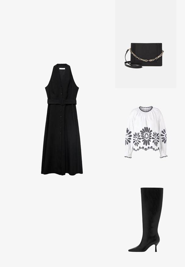 Blusa bianca con ricami floreali blu navy, maniche lunghe, scollatura arricciata e polsini elasticizzati. L'orlo presenta un dettagliato bordo in pizzo.; Abito nero senza maniche con cintura, dotato di chiusura a bottoni sul davanti e gonna fluida, realizzato in tessuto morbido con un design minimalista.; Stivale in pelle nera al ginocchio con punta affusolata e tacco a stiletto. Texture liscia e design elegante, senza hardware o decorazioni visibili.; Borsa a tracolla nera in pelle con una texture liscia, forma rettangolare e dettaglio in catena metallica sul davanti. Inclusa una tracolla regolabile.