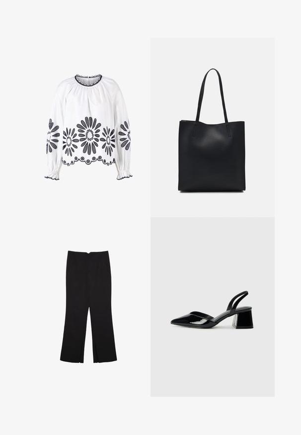 Blusa bianca con ricami floreali blu navy, maniche lunghe, scollatura arricciata e polsini elasticizzati. L'orlo presenta un dettagliato bordo in pizzo.; Pantaloni neri a gamba dritta, con tasche frontali e spacchi laterali all'orlo. Realizzati in tessuto morbido e liscio. Adatti a diverse occasioni.; Décolleté in vernice nera con punta affusolata e tacco in geometria cubica. Presentano un design elegante e minimalista, con una texture liscia.; Borsa tote in pelle nera con texture liscia, forma rettangolare e due manici lunghi. Nessun hardware o decorazione visibile.
