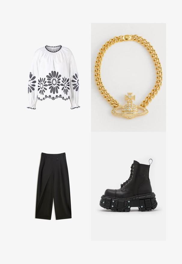 Witte blouse met marineblauwe bloemenborduursels, lange mouwen, geplooide halslijn en elastische manchetten. De zoom heeft een gedetailleerde kanten rand.; Zwarte wijde broek van soepel materiaal. Beschikt over een voorkant met plooi, een knoopsluiting en een op maat gemaakte tailleband voor een gestroomlijnde pasvorm.; Zwarte leren gevechtslaarzen met een hoge schacht, vetersluiting, dikke rubberen zool en metalen accenten op de basis van de zool.; Gouden ketting met een centraal hanger in de vorm van een koepel, met een kruisaccent en heldere rhinestones verspreid over de hele ketting.