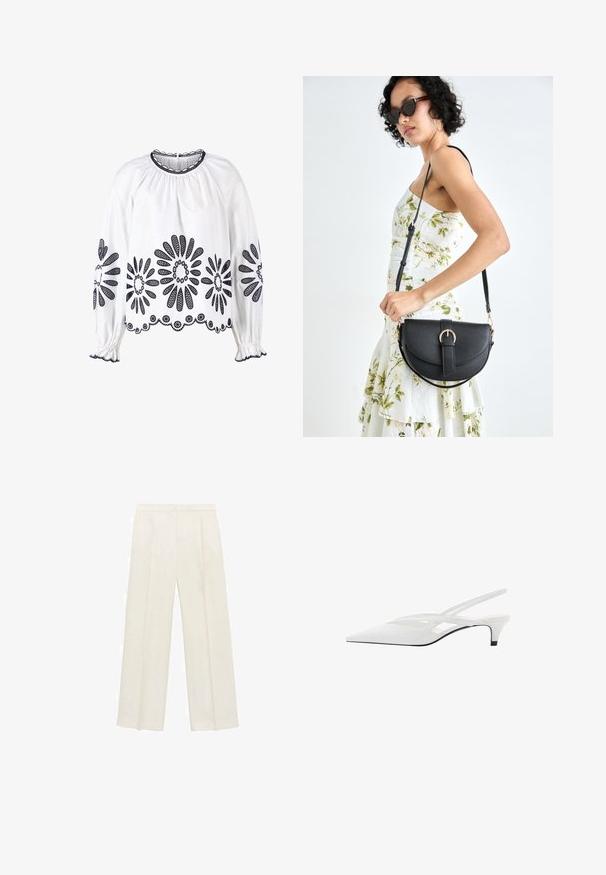 White blouse with navy floral embroidery, long sleeves, gathered neckline, and elastic cuffs. Hem features detailed lace trim.; Wide-legged trousers in a light cream color. Made from a smooth fabric with pleats at the front and side pockets.; White slingback heel with pointed toe, featuring a smooth upper, subtle cutouts, and a low block heel. Black sole accentuates design.; Black leather handbag with a curved shape, detachable strap, and gold hardware. The bag features a flap with a buckle detail.