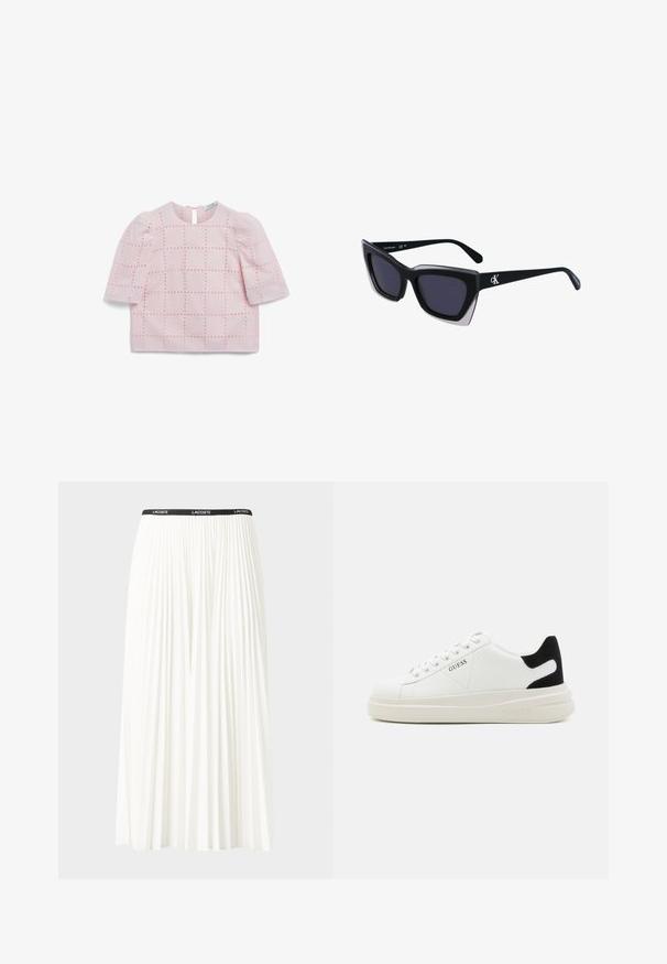 Lys rosa kortermet topp med et teksturert rutenettmønster, med subtile prikkede detaljer og en knappelukking i nakken bak.; Plissert hvit skjørt med en svart elastisk midje som har "LACOSTE"-logoen. Midjelengde design med myk tekstur.; Hvite lær sneakers med tykk hvit såle, svart semsket hælforsterkning og preget logo på siden. Snøresystem med seks hull.; Store svarte solbriller i overdimensjonert størrelse med geometrisk form, med mørke linser og en kontrasterende grå detalj på rammen. Logo på armen.