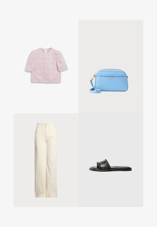 Lys rosa kortermet topp med et teksturert rutenettmønster, med subtile prikkede detaljer og en knappelukking i nakken bak.; Polo Ralph Lauren COTTON CORDUROY WIDE-LEG PANT - Bukse - warm white; Sorte lærsandaler med en vævet stropdetalje, flad sål og et slankt design. Glat tekstur og minimalistisk profil.; Lys blå skinn crossover-veske med gulltonet detaljer, glidelås lukking og en frontlomme. Har justerbar stropp for ekstra bekvemmelighet.