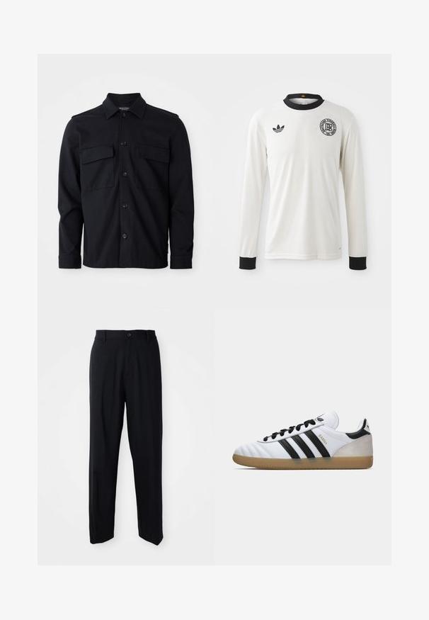 Giacca nera a maniche lunghe con colletto, chiusura frontale con bottoni e due tasche a patta sul petto, su sfondo bianco uniforme.; Maglietta da calcio a maniche lunghe bianca con texture a costine, colletto e polsini neri, con logo Adidas nero e emblema grafico circolare.; Pantaloni neri a gamba dritta con passanti per cintura, chiusura a bottone e un design elegante e minimale su uno sfondo neutro.; Sneaker Adidas Samba bianca con strisce nere, lacci neri, tallone in suede beige e suola in gomma color moka, mostrata in profilo laterale sinistro.