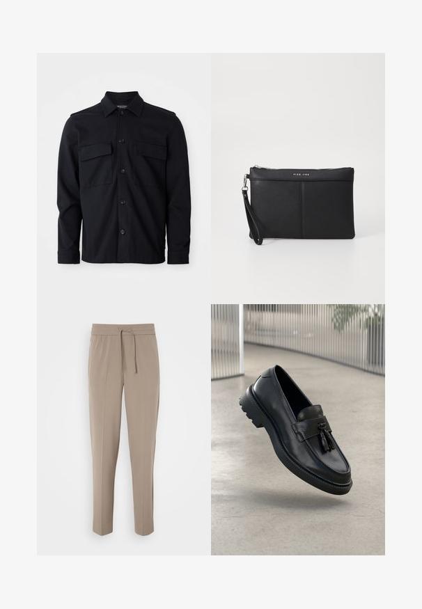 Cămașă-jachetă neagră cu mânecă lungă, guler, închidere frontală cu butoane și două buzunare cu clapetă la piept, pe fundal alb simplu.; Pantaloni bej deschis cu un brâu elastic, șnur ajustabil și picioare conice. Materialul pare neted, cu un ușor luciu.; Mocasini negri din piele cu finisaj neted, ciucure decorativ, talpă groasă din cauciuc și accente cusute. Design ușor și elegant.; Clutch sintetic negru cu închidere cu fermoar, curea pentru încheietură și textură netedă. Prezintă cusături subtile și un logo în relief pe față.