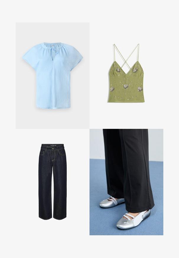 Svijetloplava bluzica kratkih rukava s okruglim izrezom i detaljem s vezicom sprijeda. Izrađena od mekog, laganog materijala s opuštenim krojem.; Maslinasto zeleni top s V izrezom, podesivim križnim naramenicama, ukrašen srebrnim cvjetnim vezom i detaljima od perlica.; Tamne tamnoplave široke traperice s pojasom na vezanje, s kontrastnim šavovima, prednjim džepovima i blago ležernim krojem.; Srebrne i bijele ravne cipele s preklopnim trakama i teksturiranim detaljima, u kombinaciji s širokim crnim hlačama. Postavljene na plavu podlogu.